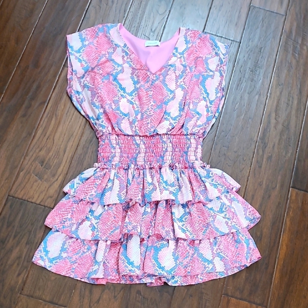 Adrienne Snakeskin Print Dress with Ruffled Skirt & Smocked Waist size Small